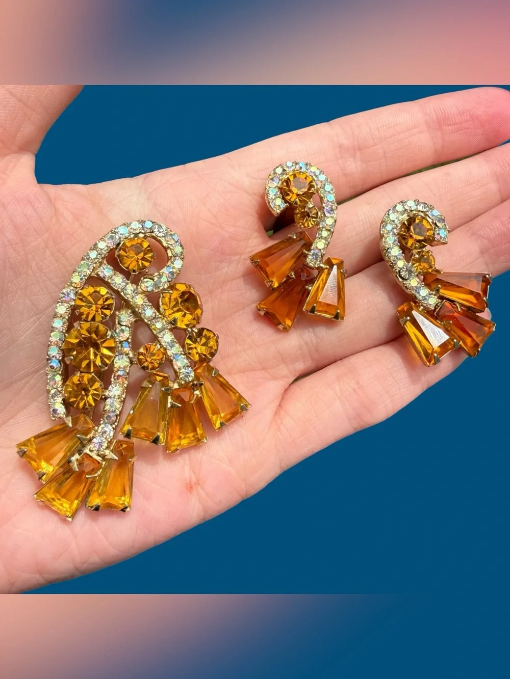 VERIFIED JULIANA D&E Keystone Baguette Rhinestone Brooch & Earrings Yellow Topaz
